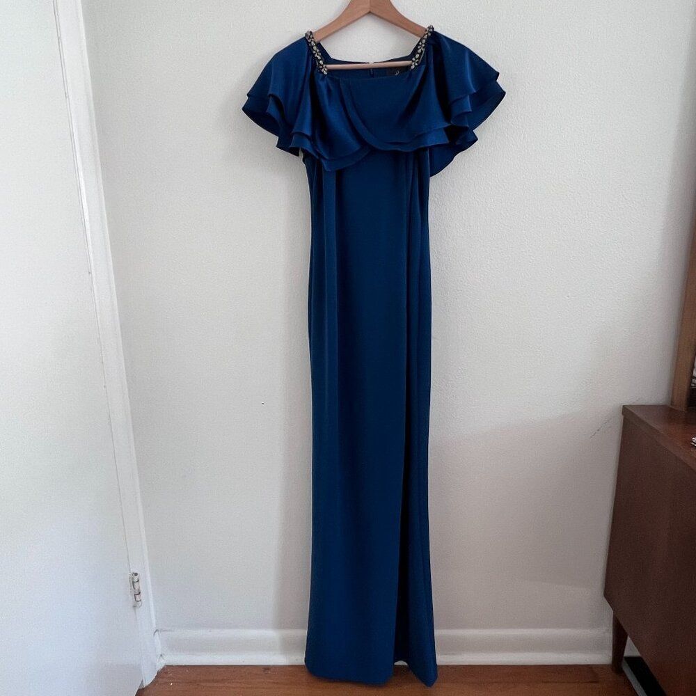 Adrianna Papell Blue Off Shoulder Flutter Sleeve Full Length Gown